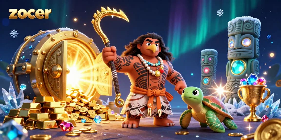 Spin for gold rewards at Zoccer Casino with a vibrant cartoon-style treasure scene.