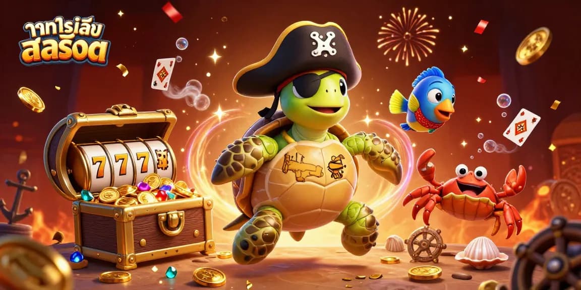 Spin the reels with ทดลองเล่นสล็อต in this vibrant underwater casino scene featuring colorful characters and treasures.