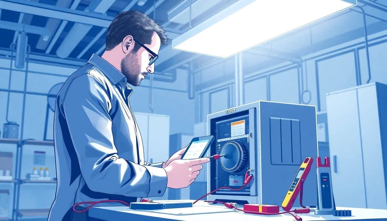 Inspecting electrical safety compliance during a DGUV V3 check in a modern workplace.