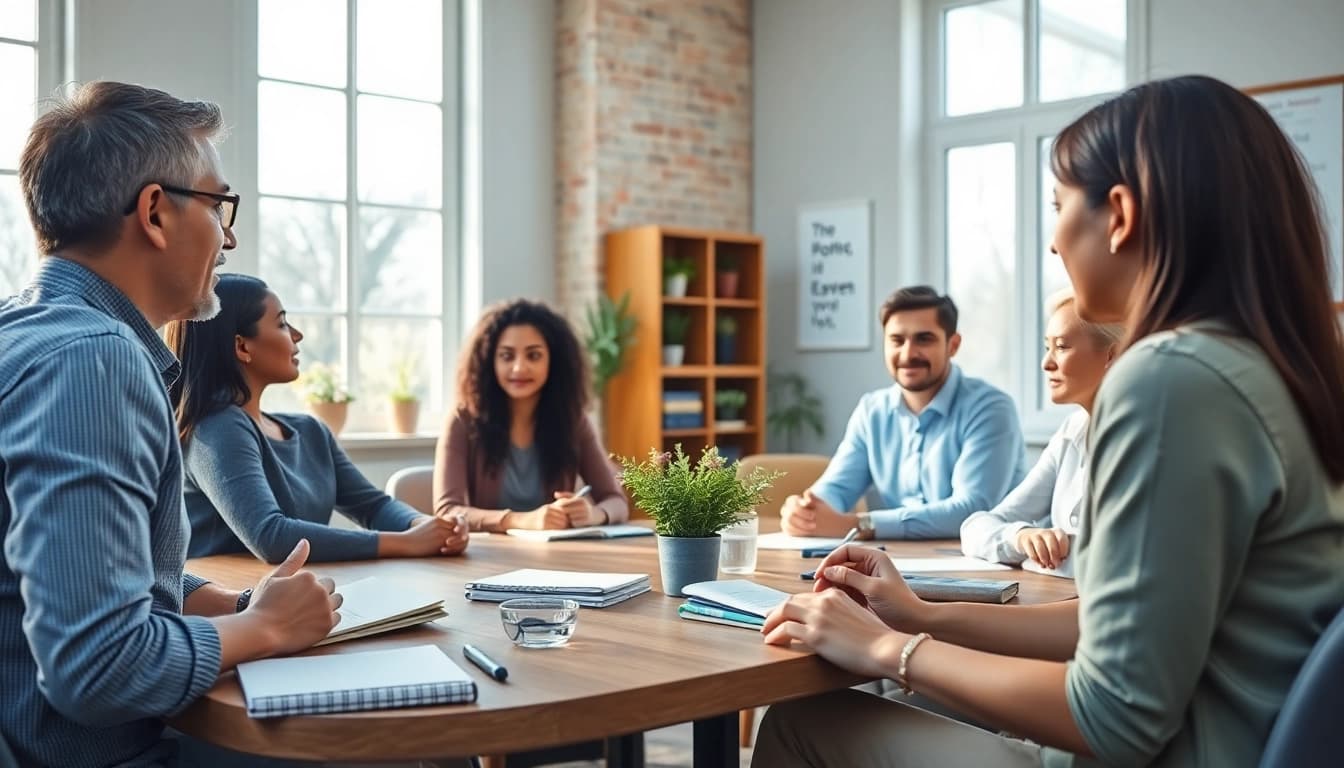 Fostering emotional wellbeing through vibrant group discussions in a serene workshop