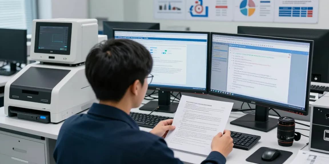 Data analyst conducting document fraud detection analysis in a modern lab environment with advanced technology.