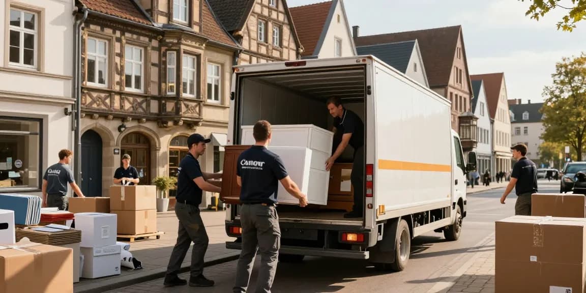 Umzugsunternehmen Worms - professionelle Umzugshelfer transportieren Möbel in der Stadt mit historischen Gebäuden im Hintergrund.
