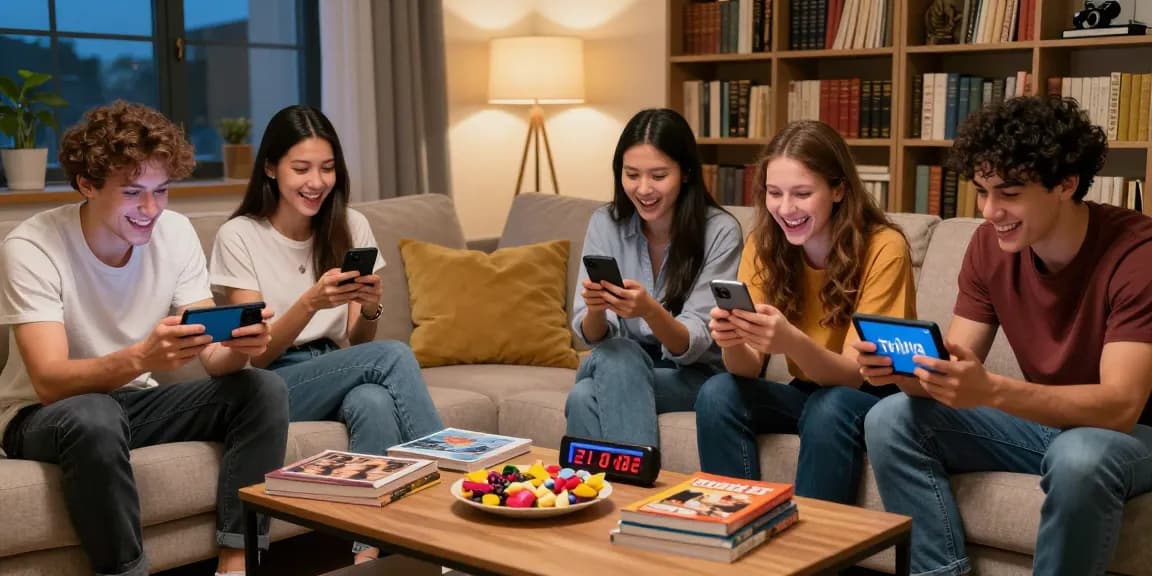 Cheerful friends enjoying a Quiz Allgemeinwissen game together with snacks.