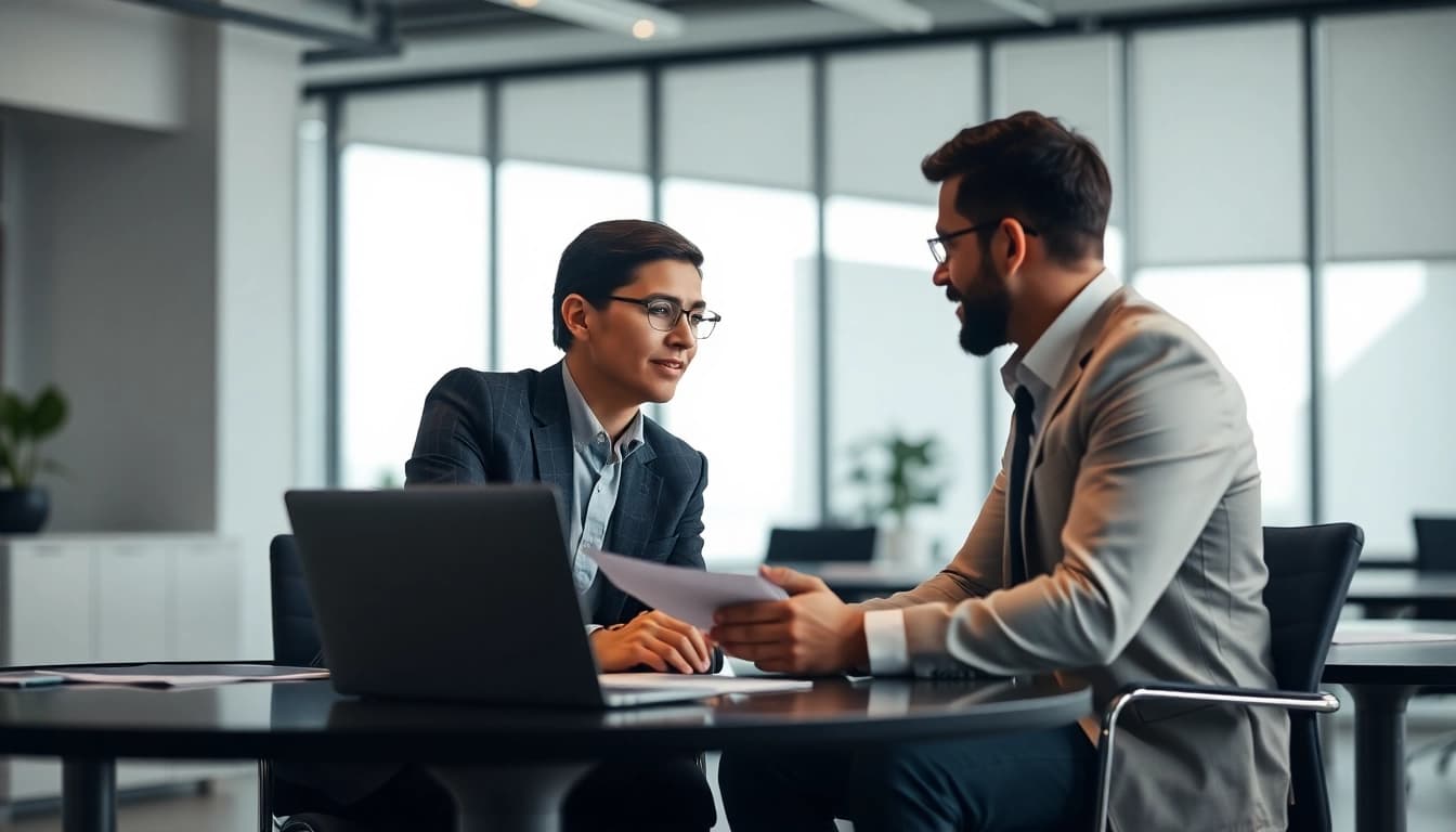 Headhunter collaborating with a client to strategize recruitment plans in a contemporary office setting.