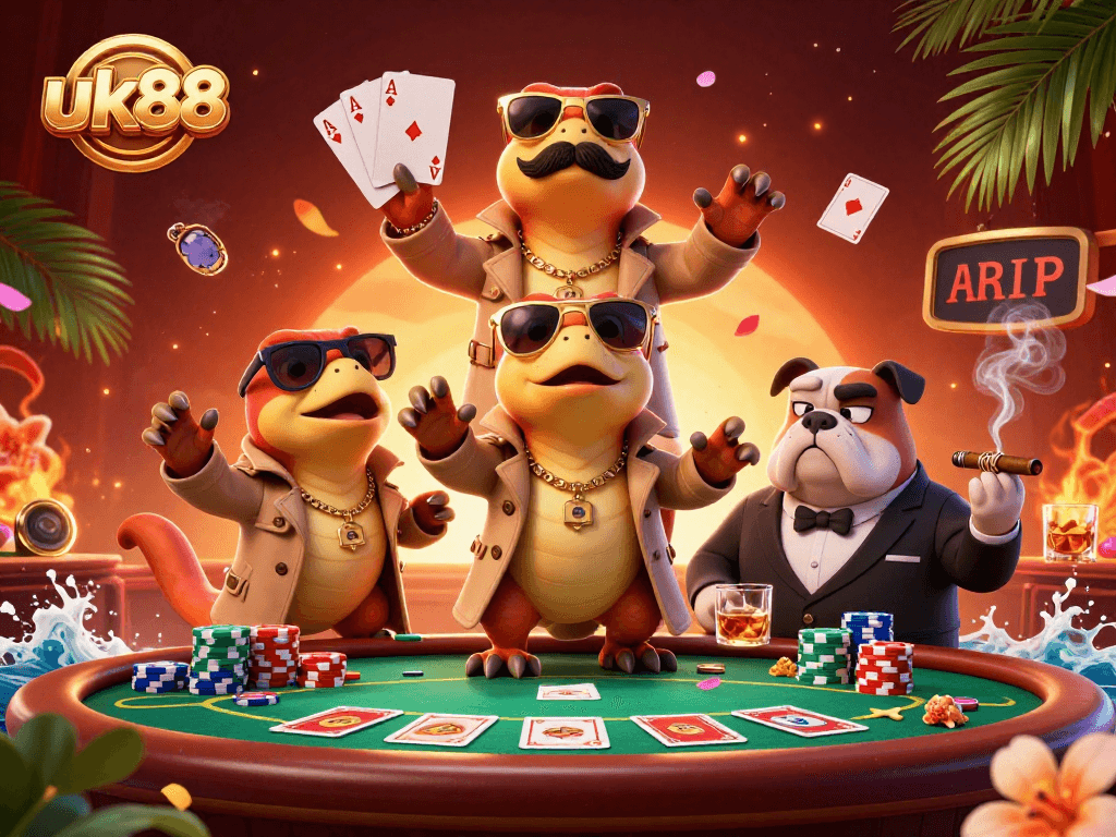 Experience the excitement of the uk88 casino with raptors in disguise trying to enter a VIP lounge filled with poker elements.