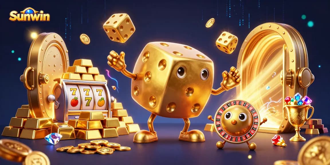 Experience thrilling gameplay with Sunwin's dynamic casino scene featuring golden dice, slot reels, and treasure.
