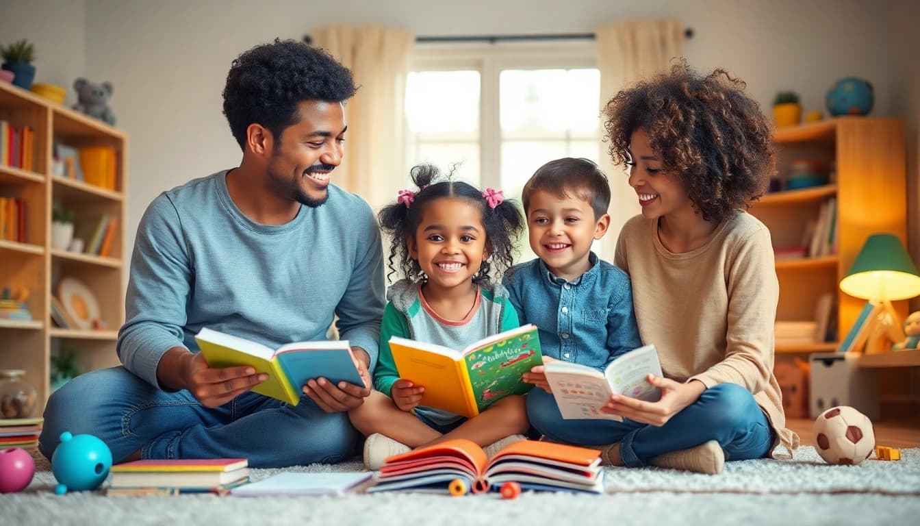 Kreative Darstellung einer liebevollen Familie, die durch Spiel und gemeinsames Lernen positive Kindererziehung praktiziert.