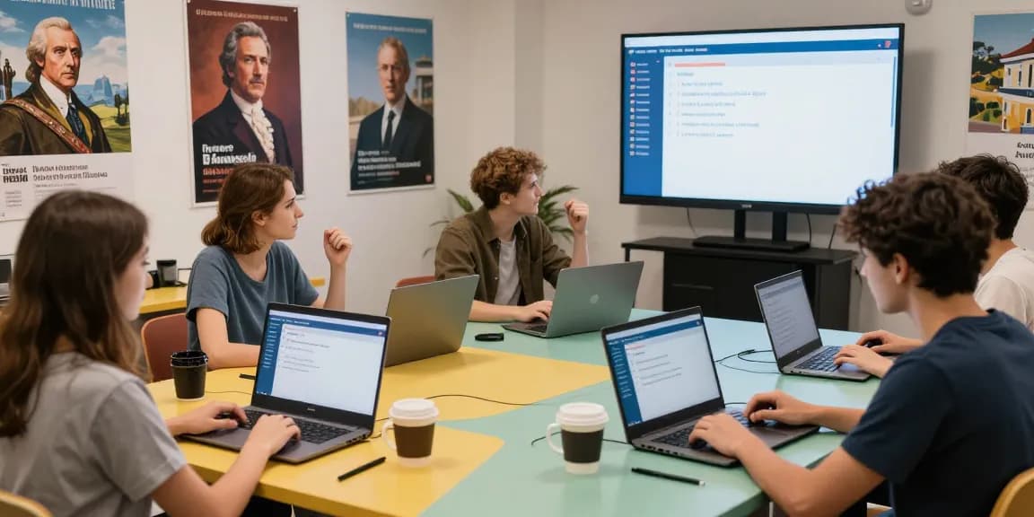 Quiz Allgemeinwissen in einer lebhaften Lernumgebung mit jungen Erwachsenen, die an Laptops Trivia-Fragen beantworten.