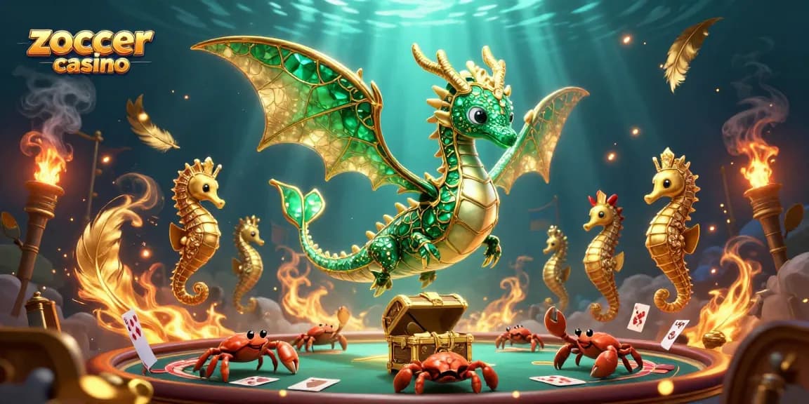 Experience thrilling gameplay at Zoccer Casino with an elegant floating sea dragon and vibrant casino elements.