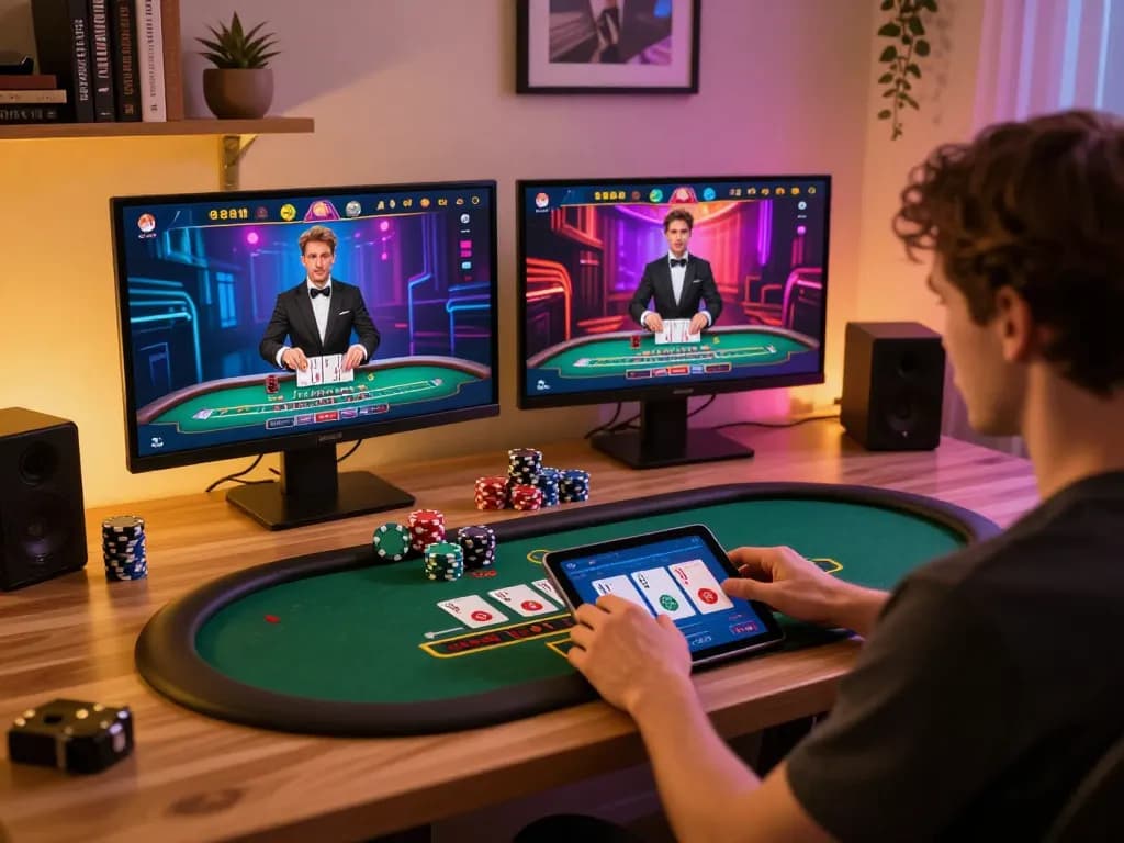 Engaged player enjoying live dealer blackjack on tg88 mba app, featuring colorful cards and cozy setup.