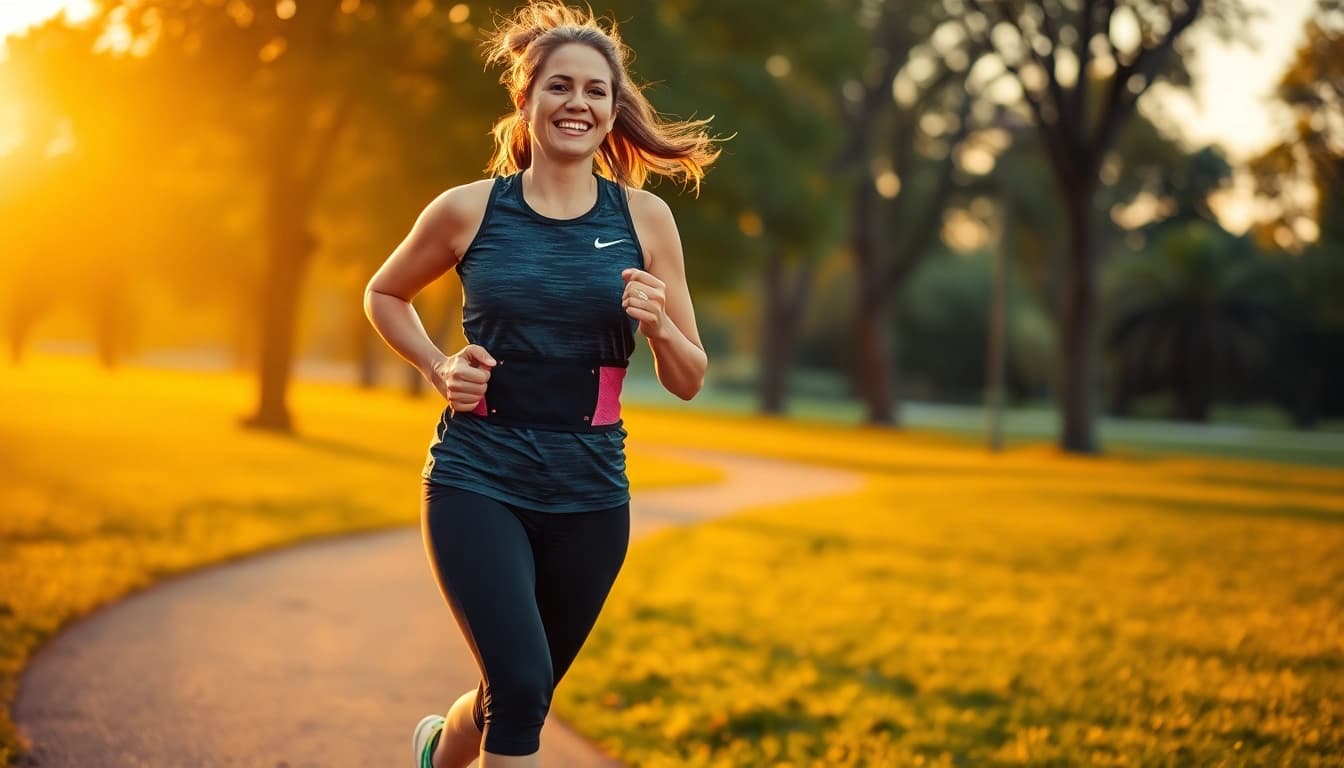 Kniebandage stabilisiert das Knie während des Laufens im Park bei Sonnenuntergang.