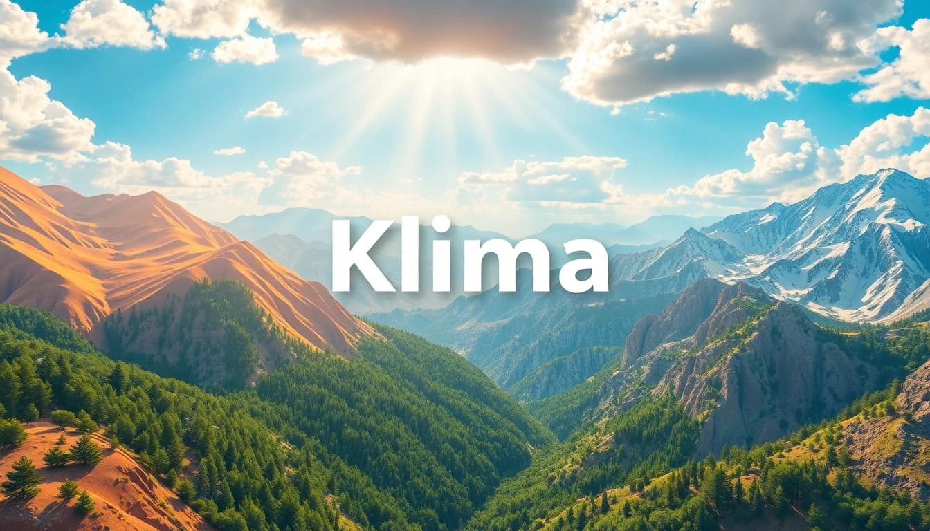 Visual representation of Klima showcasing diverse environments: deserts, forests, and mountains.