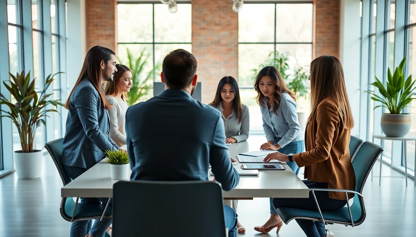 Headhunter IT team collaborating in a modern office, showcasing diversity and professionalism.