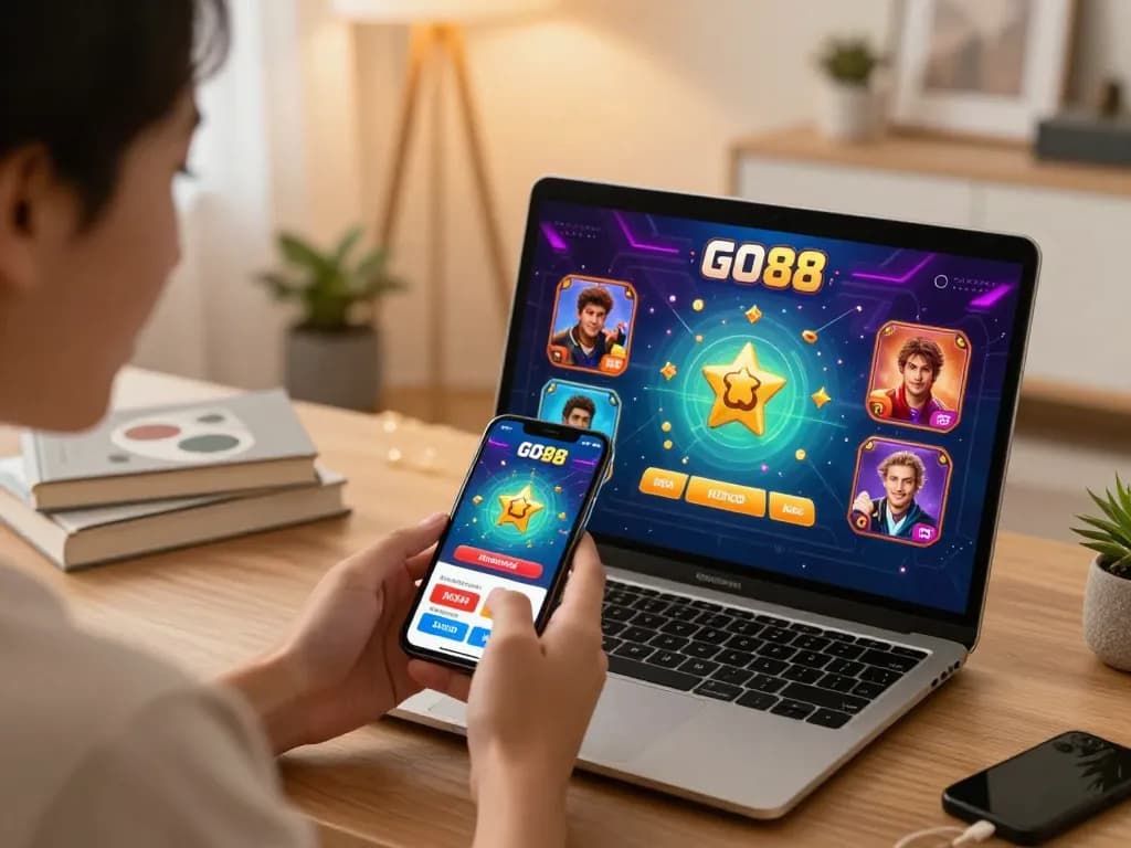 Engaging in GO88 mobile gaming, analyzing gameplay on smartphone in cozy home setup.
