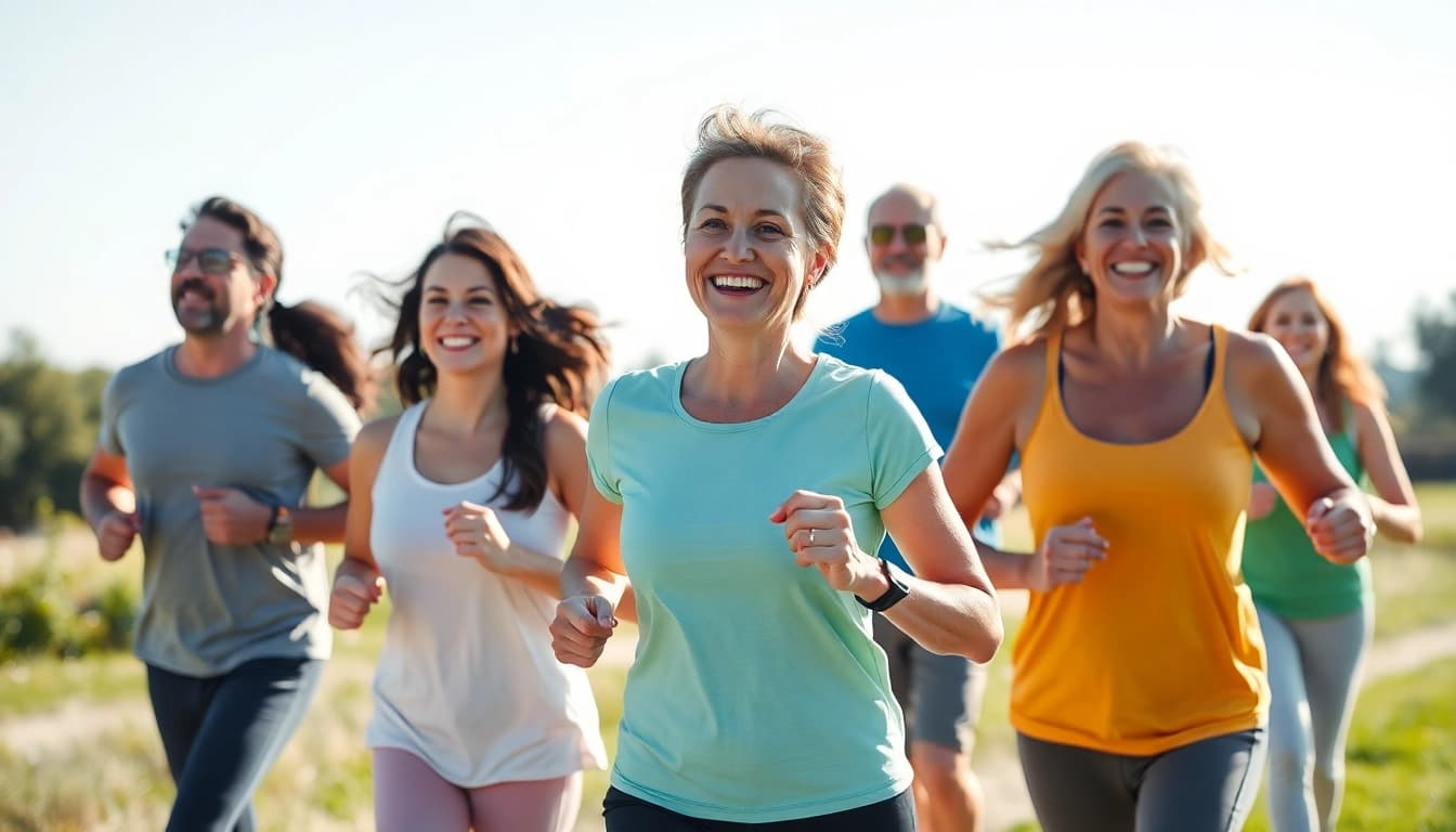 Aktive Gruppe beim Sport im Freien, die den gesunden Lebensstil für Gewichtsverlust verkörpert.