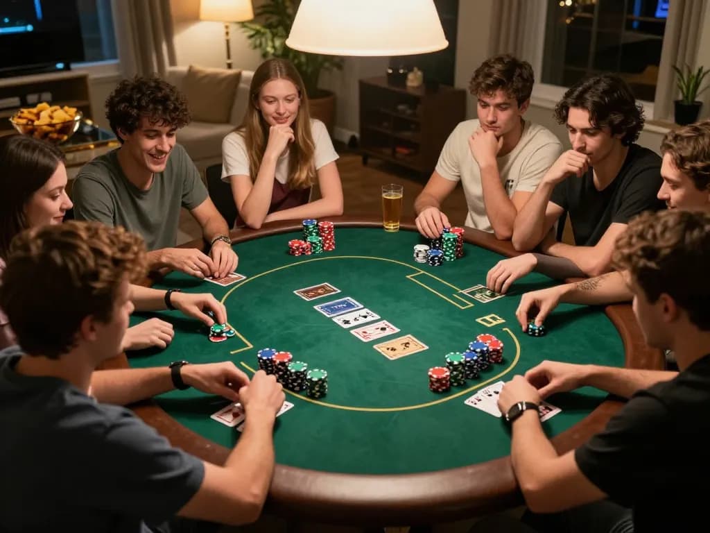 Players enjoying an intense poker night at home, showcasing the thrill of 56WIN gaming.
