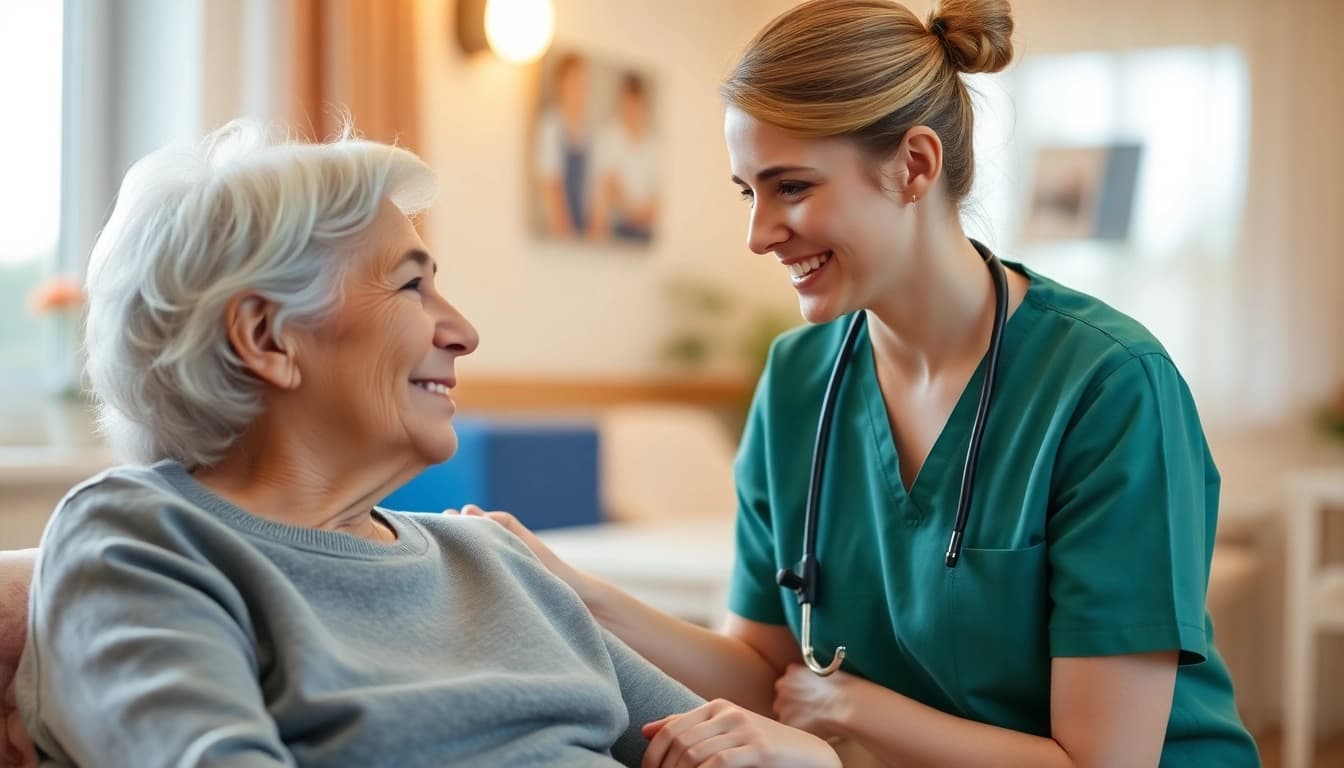 Engaged pflegefachkraft hameln caring for an elderly resident in a warm, inviting nursing home.
