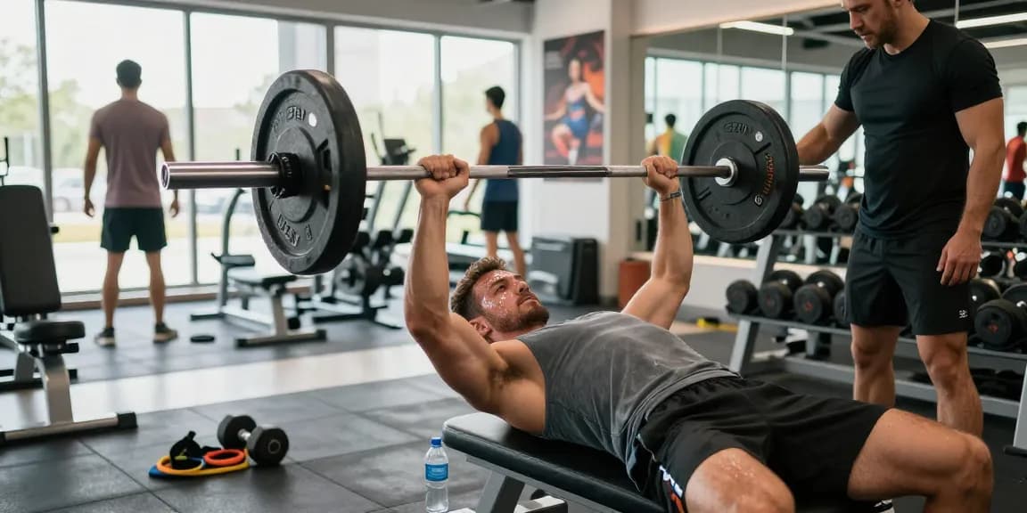 Ein Mann trainiert im Anabolika Shop Deutschland Fitnessstudio und zeigt Stärke und Konzentration beim Bankdrücken.