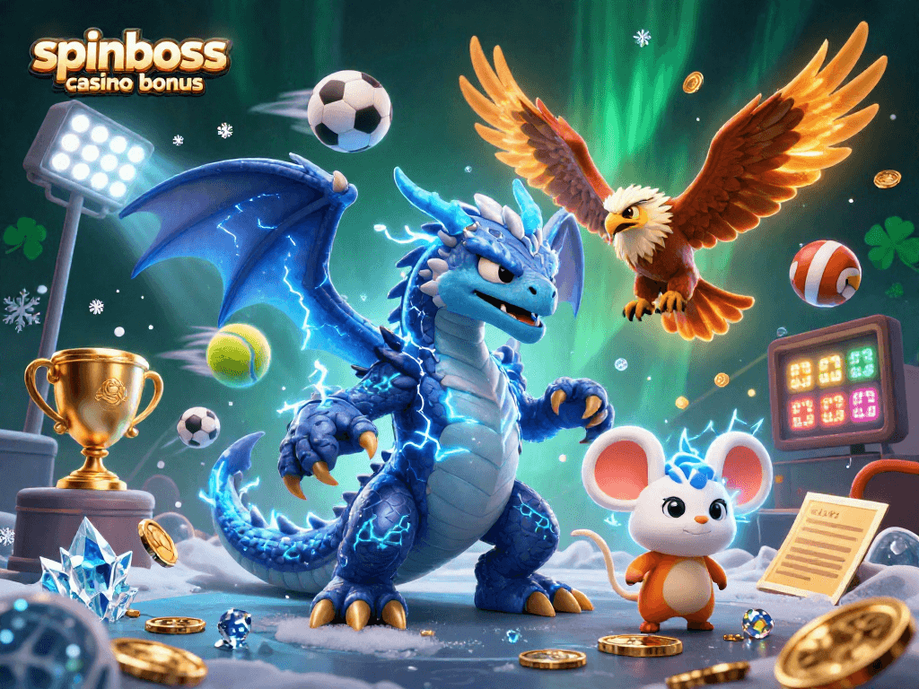 Spinboss Casino Bonus: Aktive Freispiele und Cashback-Strategien in einem dynamischen Casino-Illustrationsdesign.