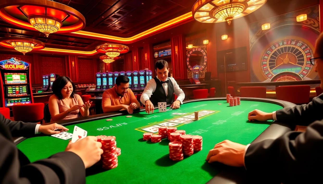 Experience the thrill of 88i game with vibrant casino visuals showcasing poker action and slot machines.