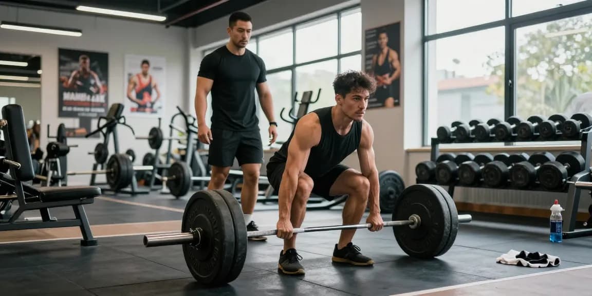 Man lifting weights in a modern gym from Anabolika Shop, showcasing dedication to bodybuilding.