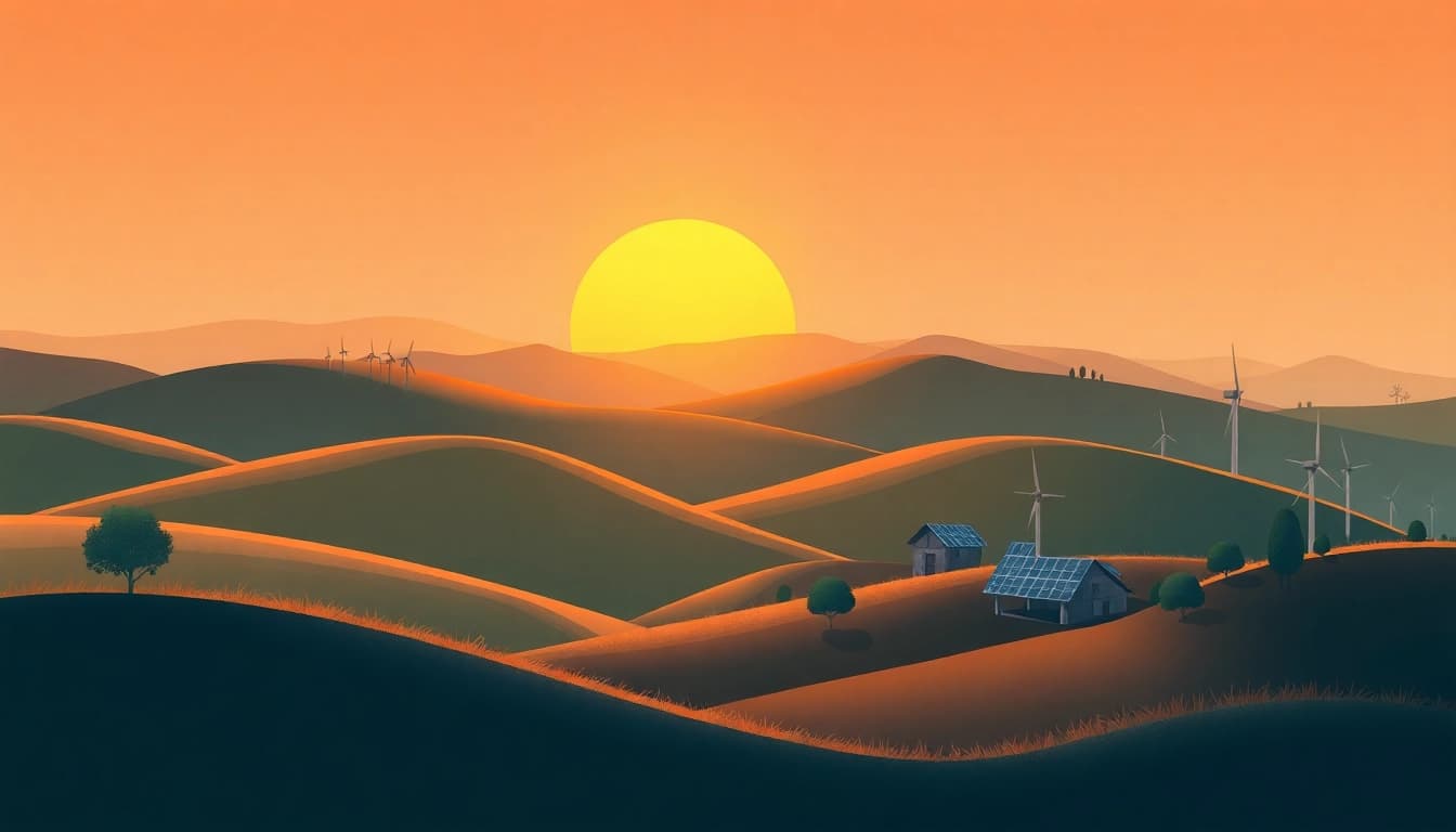 Visual representation of Klima influences in nature, highlighting renewable energy amid tranquil landscapes.