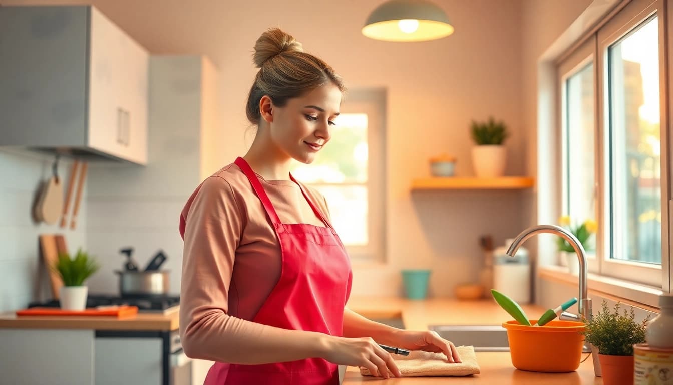 Housekeeping in Hameln: A dedicated hauswirtschaftskraft organizing a bright kitchen.