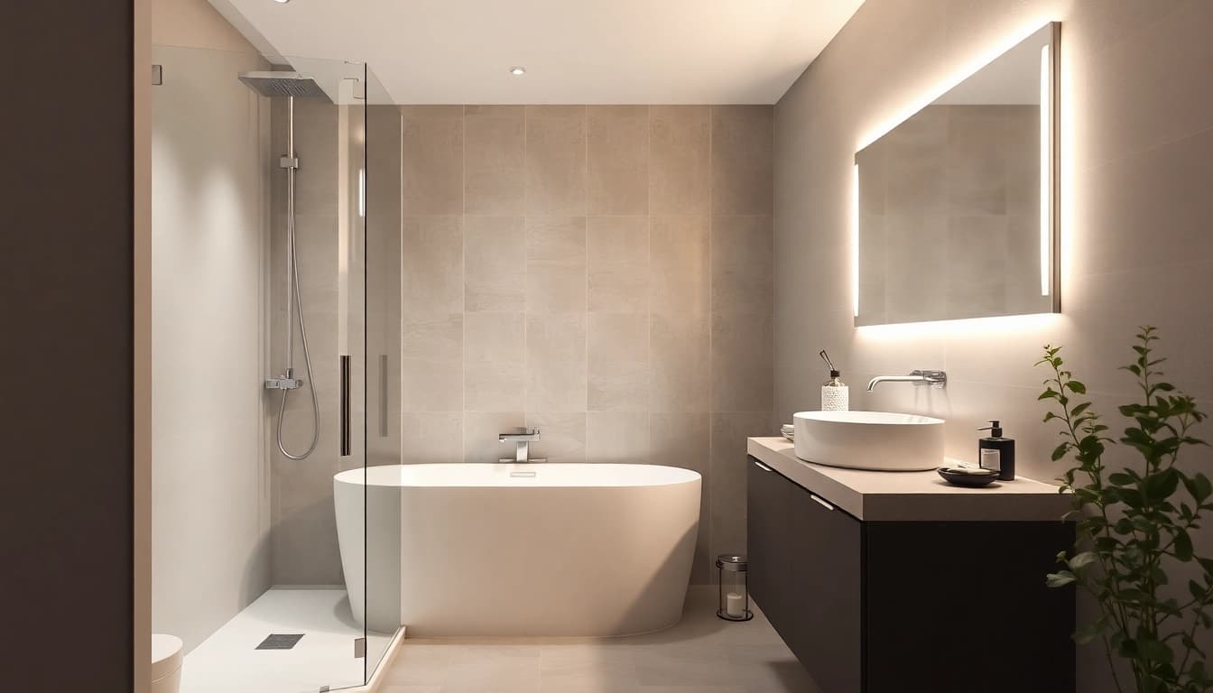 Entdecke die eleganten Produkte von sonni sanitär in einem stilvollen Badezimmerinterieur mit Duschkabine und Badspiegel.