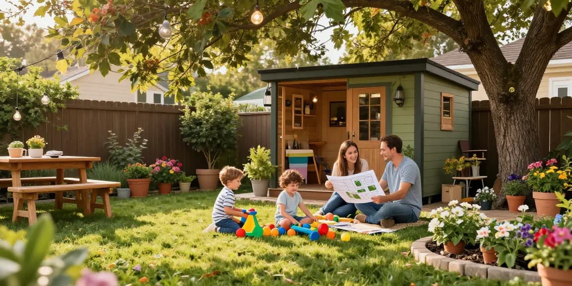 Gartenhaus kaufen: Familie entspannt im Garten um ein neues Gartenhaus, sonnige Atmosphäre und blühende Pflanzen.
