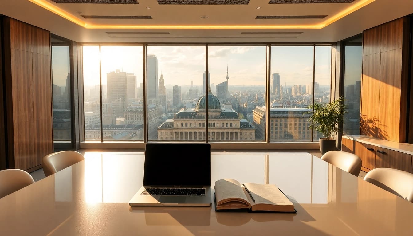 Professioneller Büroarbeitsplatz mit Blick auf Berlin, ideal für Headhunter Berlin.