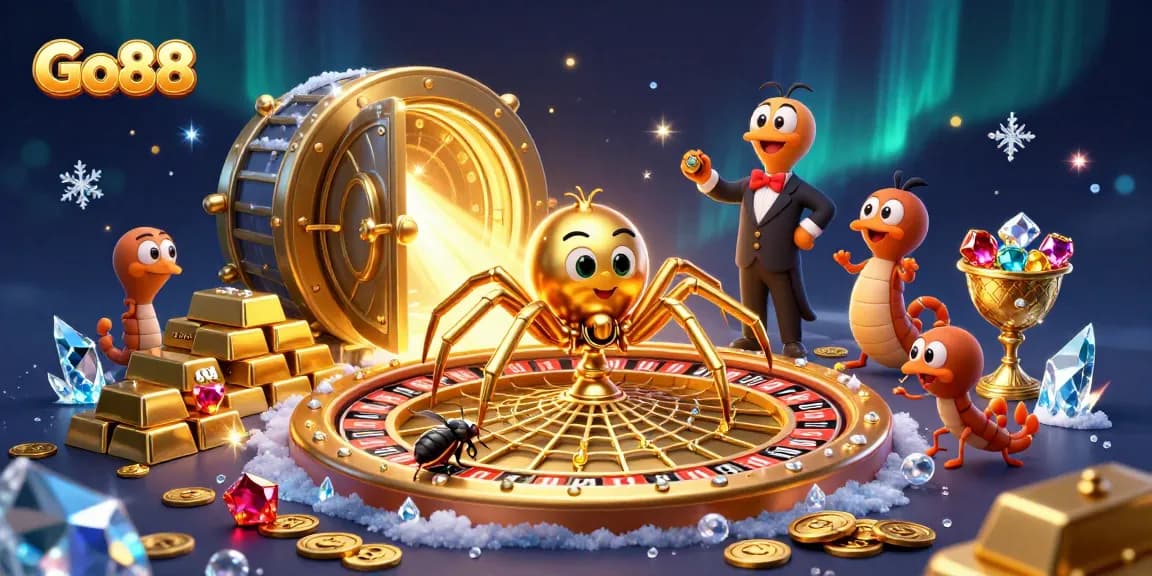 Go88 offers thrilling gameplay with a golden spider spinning a roulette web and players engaged in bets.
