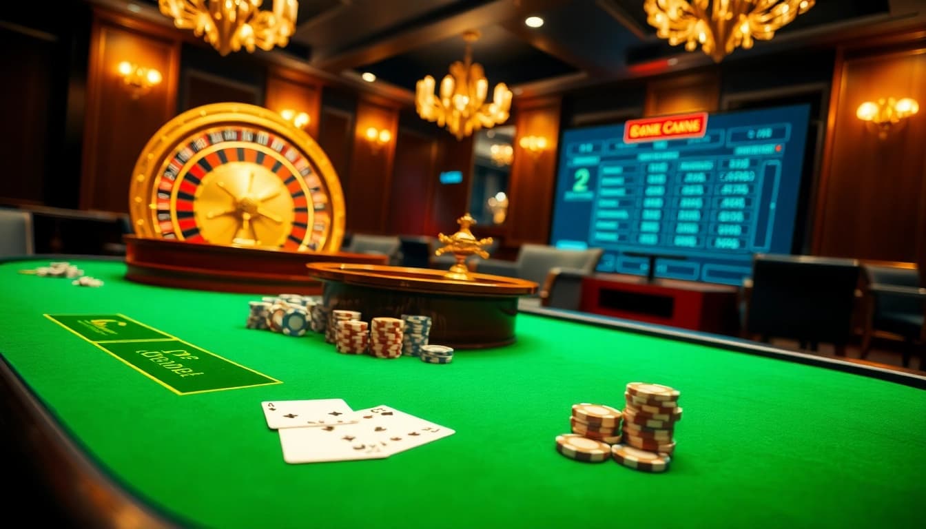 Engaging gambling action at Nhà cái DH88 casino with poker chips and roulette wheel.