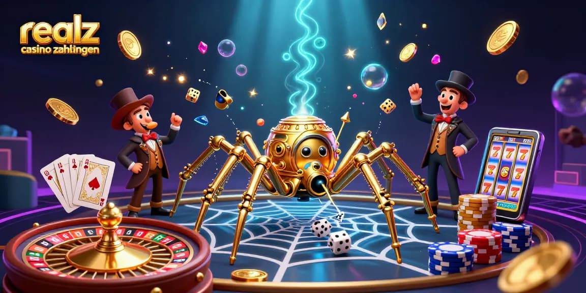 Erlebe aufregende Realz Casino Zahlungen mit Krypto und Fiat in dieser lebhaften Illustration.
