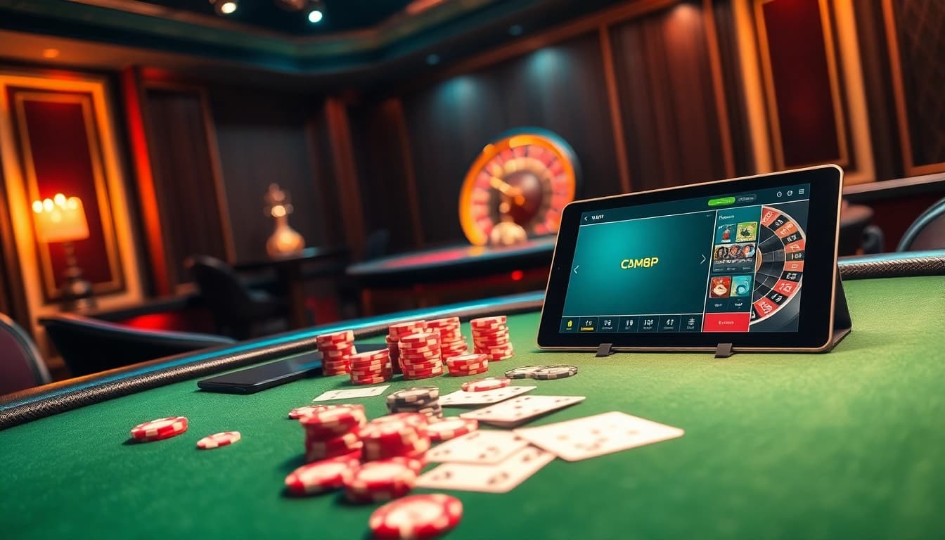 Engaging scene showcasing CM88 OKVIP poker chips and a roulette wheel, emphasizing thrill and elegance in casino gaming.