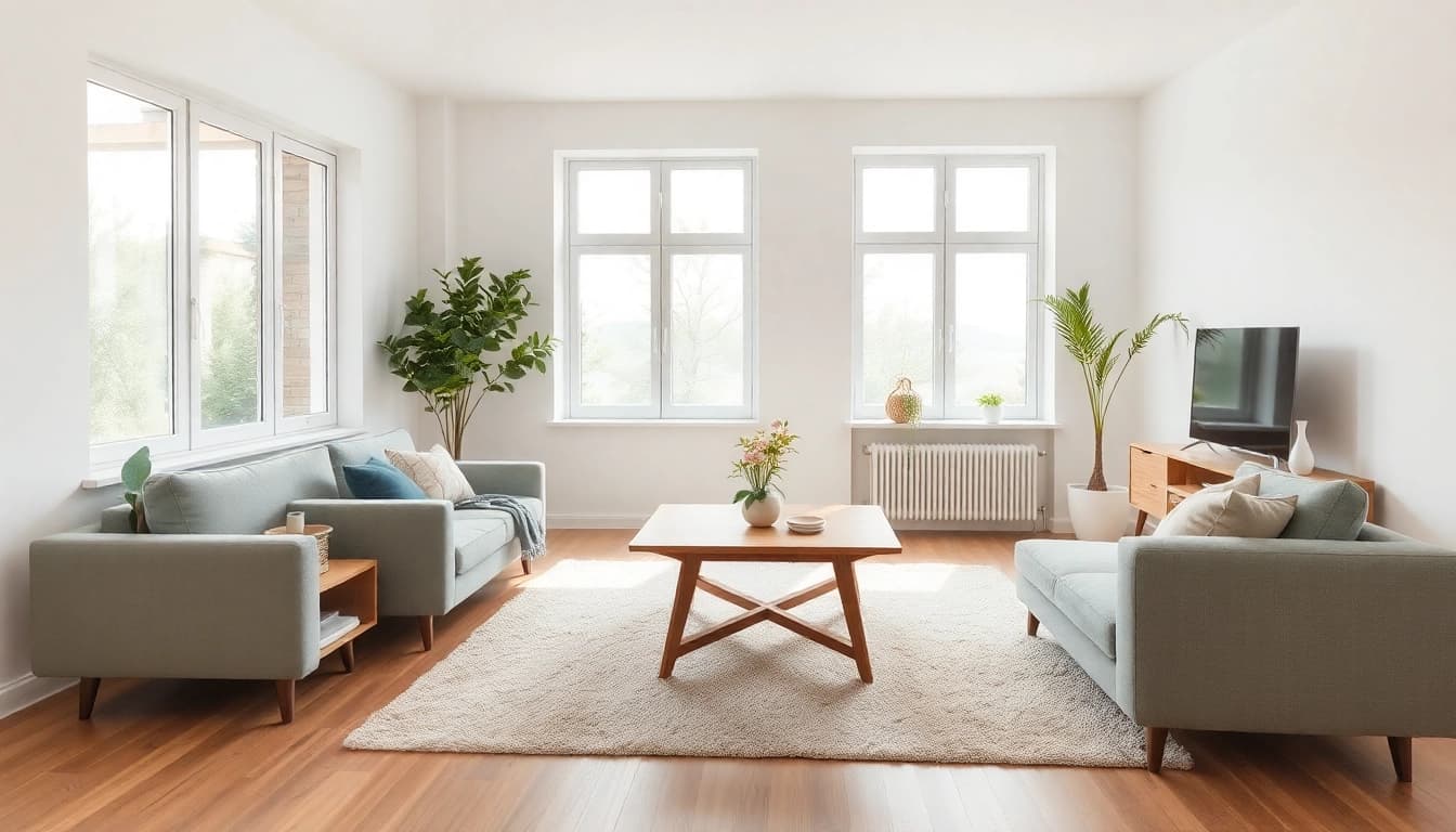 Räume gestalten mit moderner, heller Raumgestaltung, die ein einladendes Wohnzimmer zeigt.