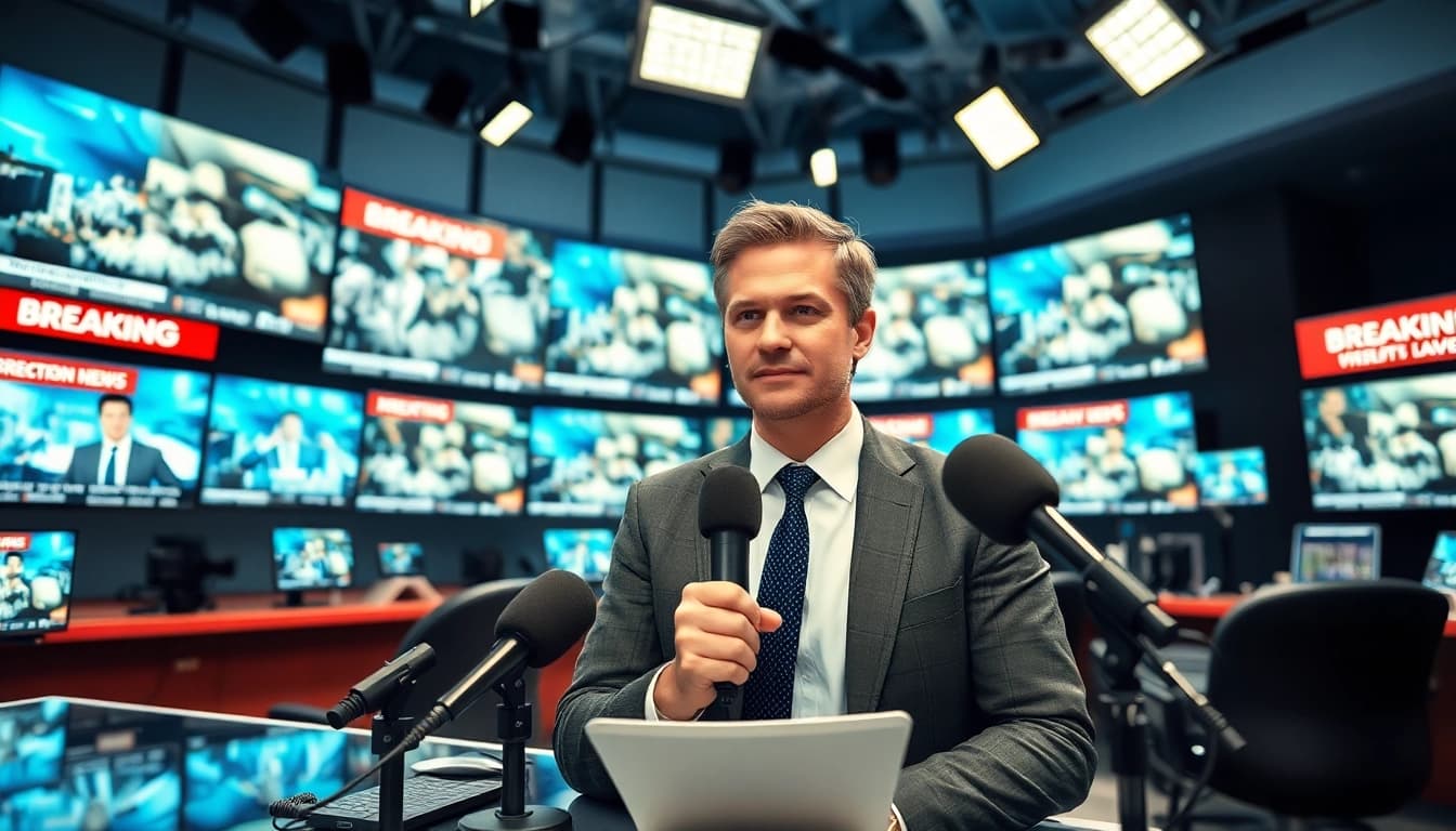 Aktuelle Meldungen von einem professionellen Nachrichtenreporter in einem modernen Nachrichtenraum.