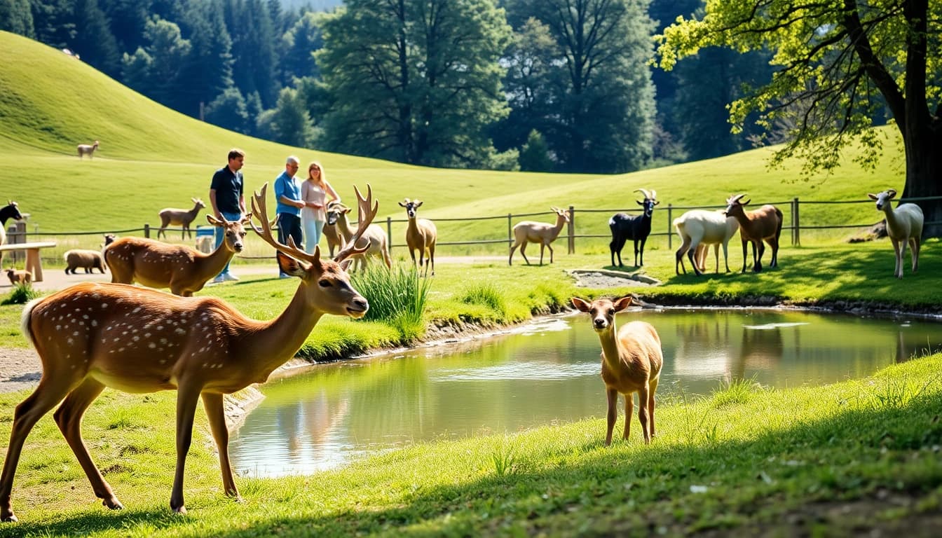 Explore the scenic beauty of schwarze-berge.de with playful deer grazing by a tranquil pond.