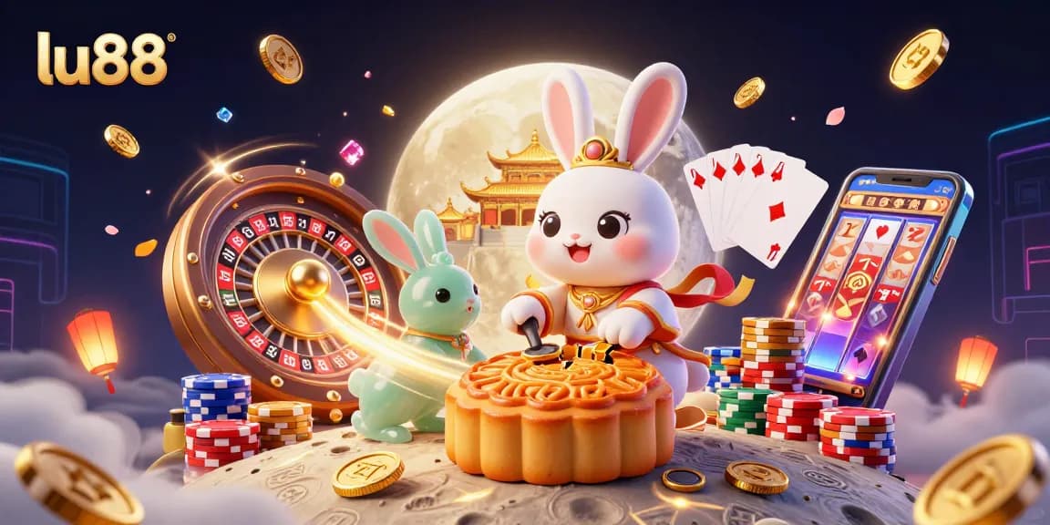 Experience the thrill of gambling with lu88's vibrant casino scene featuring a moon rabbit crafting golden mooncakes amidst glittering poker elements.
