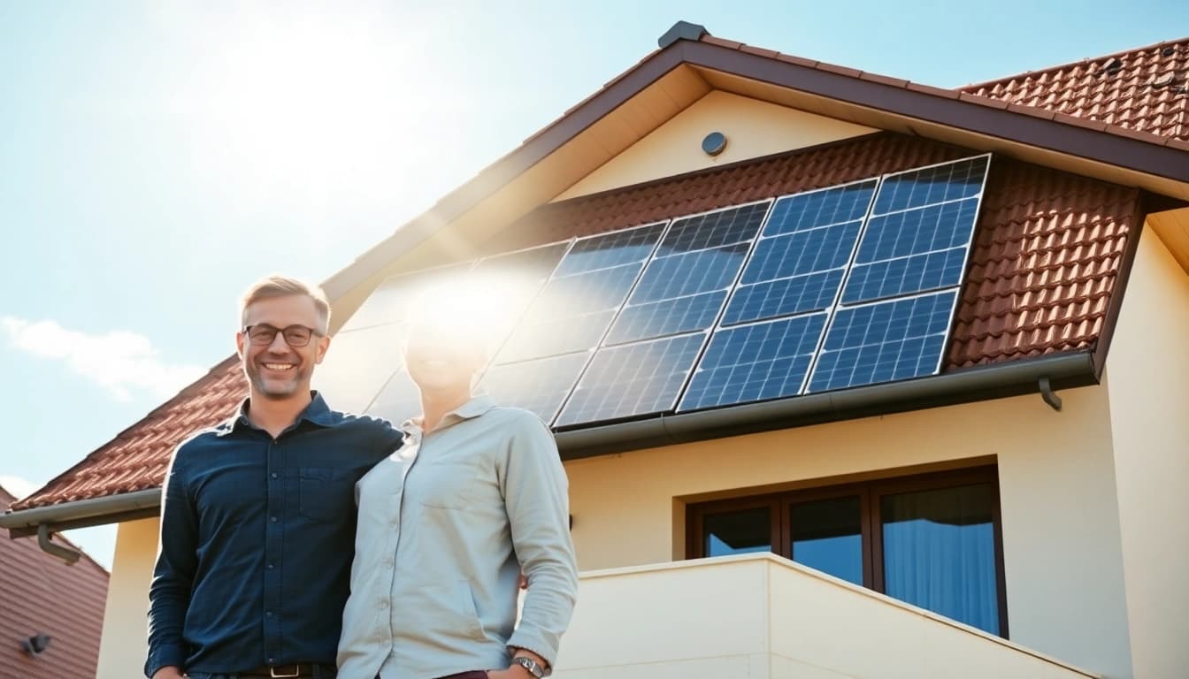 Ein glückliches Paar plant, eine Solaranlage zu kaufen, und steht vor einem modernen Wohnhaus mit strahlenden Solarpanels unter einem blauen Himmel.