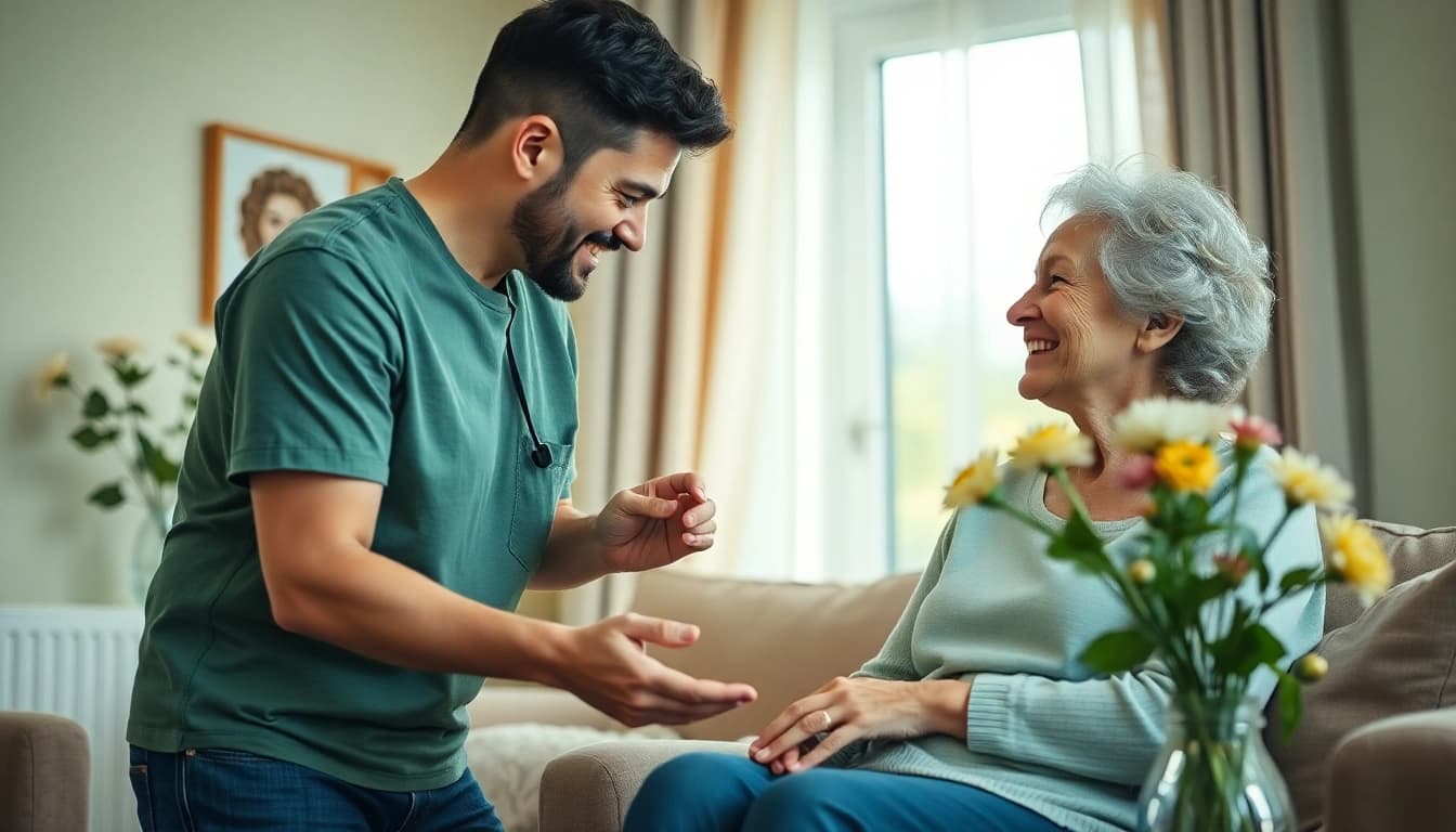 Pflegedienstmitarbeiter unterstützt eine ältere Dame bei der Körperpflege in einer warmen, einladenden Wohnung.