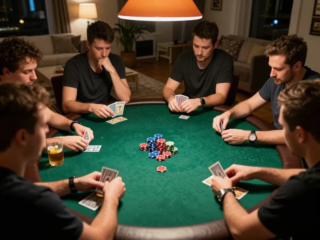 Players engaging in a heated poker game at home, showcasing strategy and excitement with PH22's gaming experience.