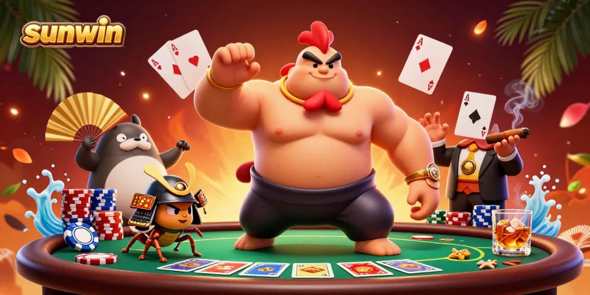 Engage in spirited poker action with sunwin, featuring a sumo rooster, samurai cricket, and vibrant casino elements.