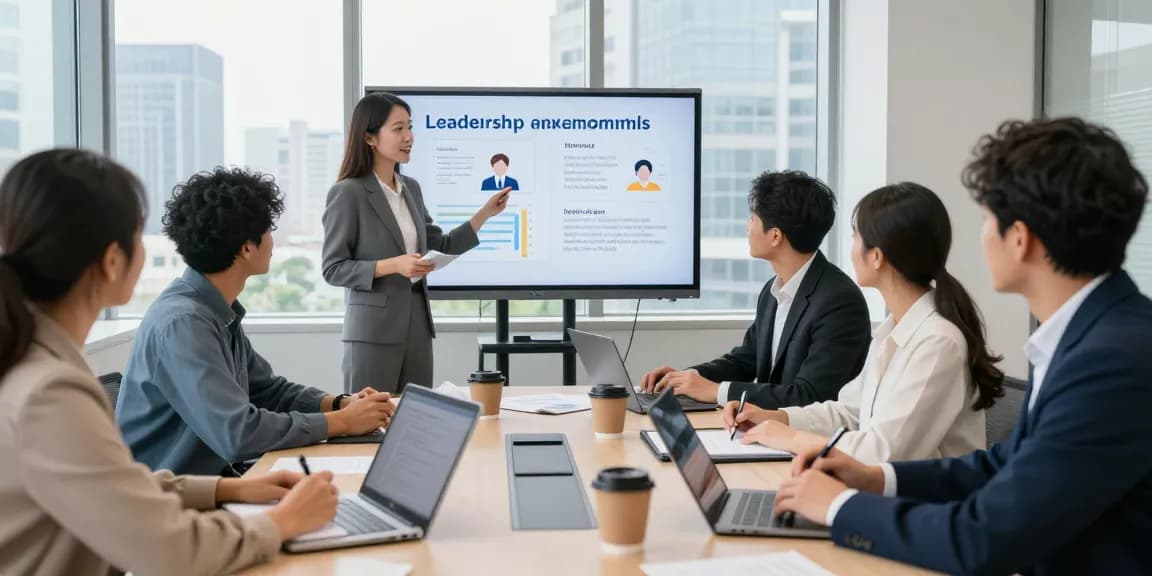 Führung anonym bewerten: Teammeeting mit visuellen Präsentationen zur Mitarbeiterzufriedenheit in modernem Büro.