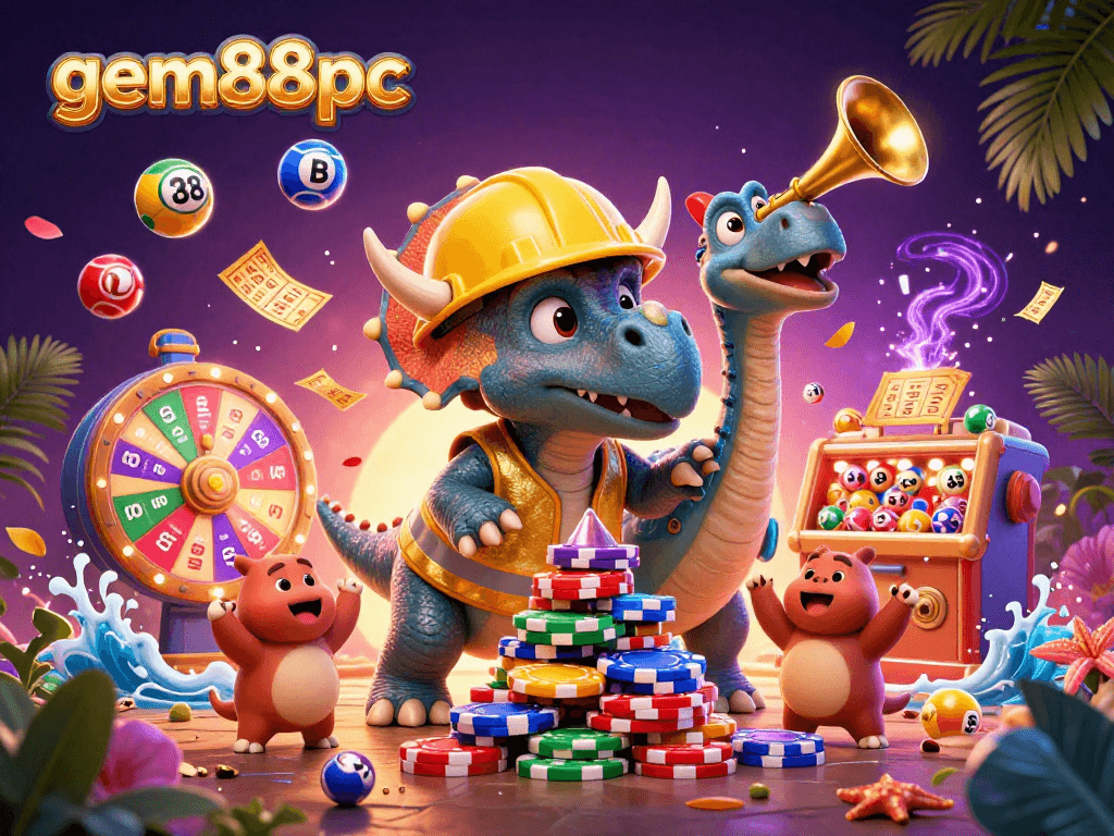 Engage with gem88pc's dynamic casino atmosphere featuring cheering dinosaurs and vibrant game elements