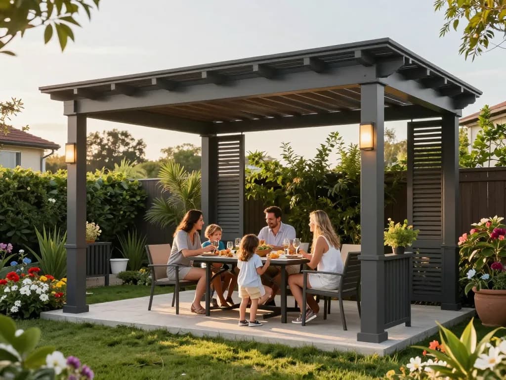 Familie genießt die im Pergola Konfigurator 3D gestaltete Pergola in einer schönen Hinterhofkulisse.