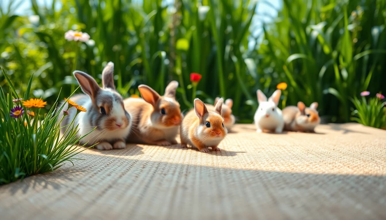 Hanfmatte in einem gemütlichen Umfeld mit Kaninchen und Hamstern auf der Mattenoberfläche.