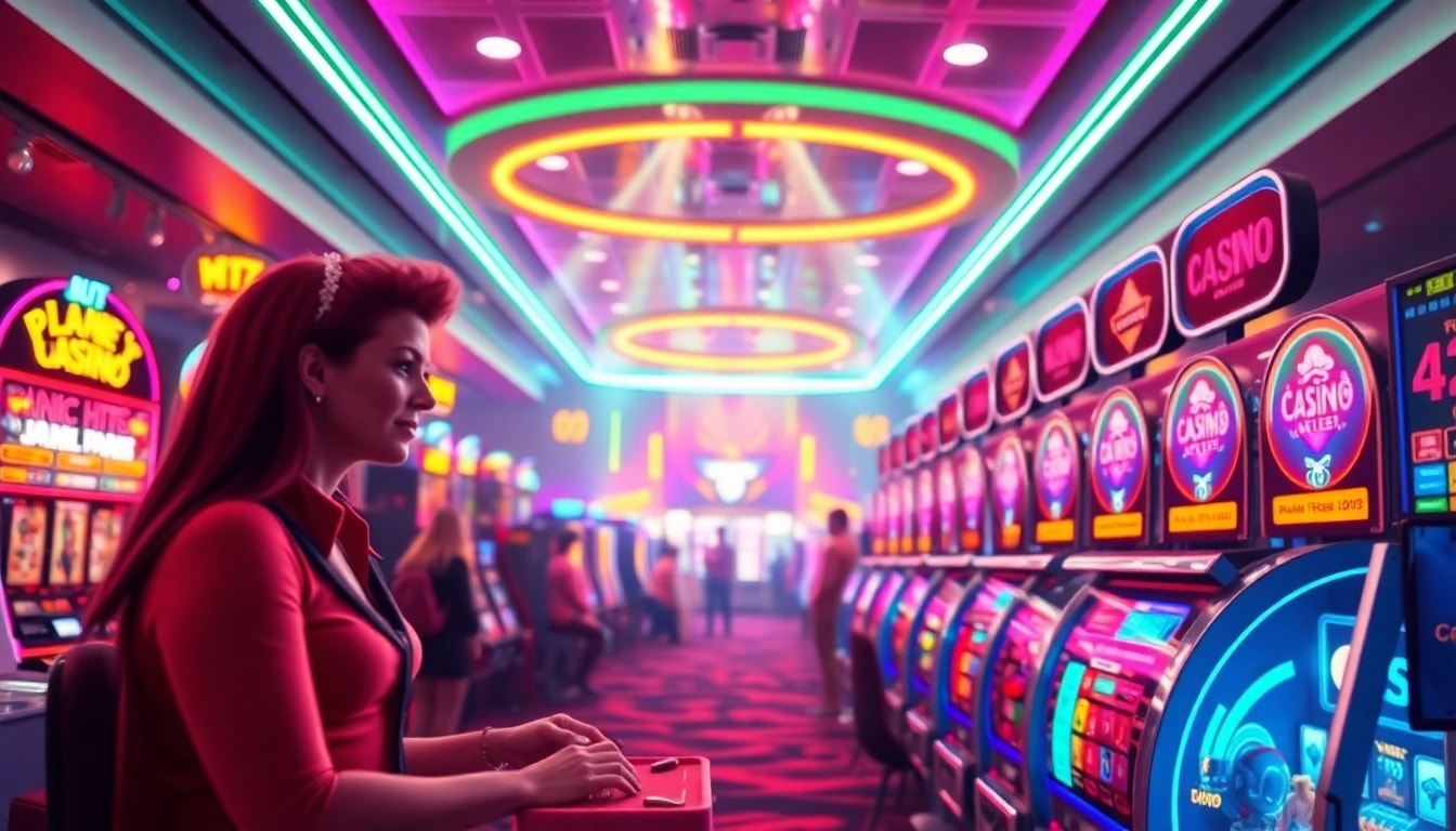 Erlebe spannende Spiele im Casino ohne Limit mit bunten Neonlichtern und fröhlichen Spielern.
