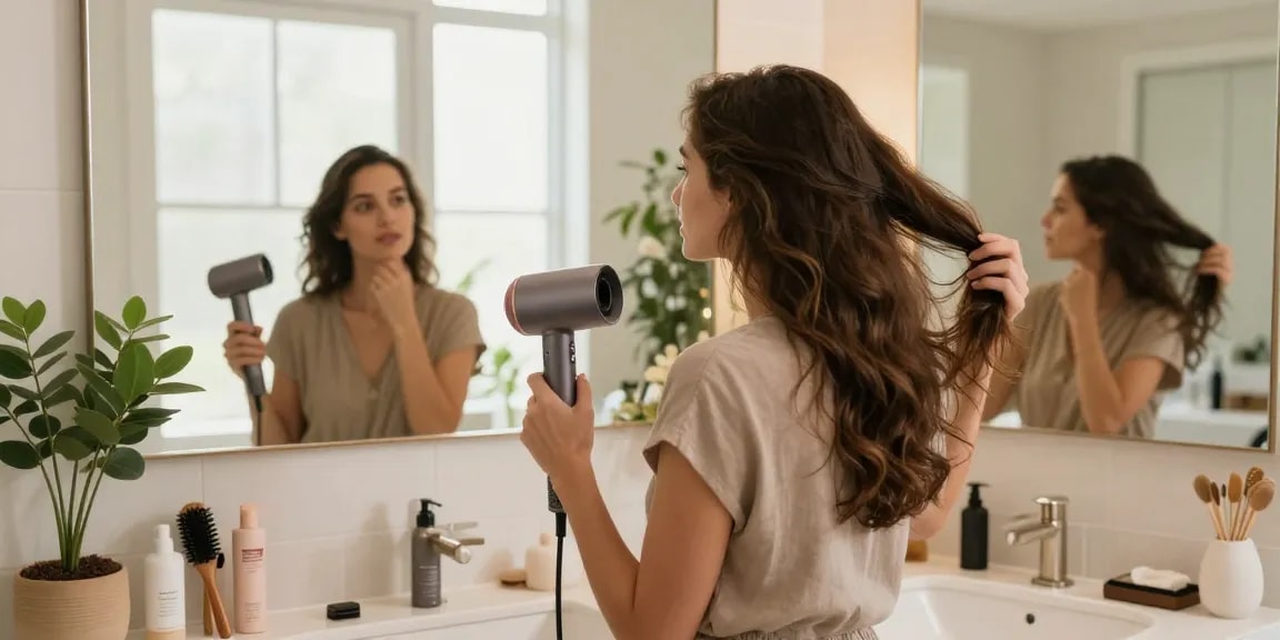 Woman styling her hair with a small hair dryer in a chic bathroom