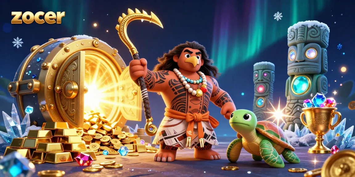 Spin for gold rewards at Zoccer Casino with a vibrant cartoon-style treasure scene.