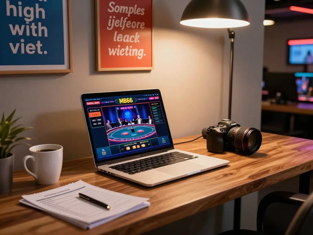 Player engaging in strategic online gaming at MB66 casino setup with laptop and notes.